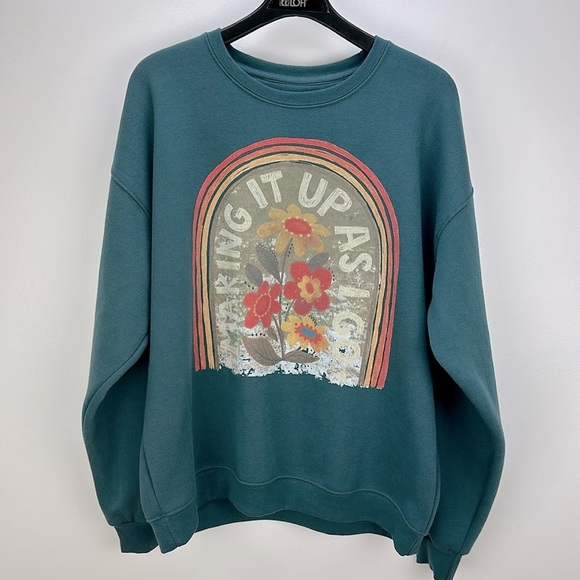 Natural Life Teal Making It Up As I go Sweatshirt Small Floral Graphic Oversized - Picture 12 of 12